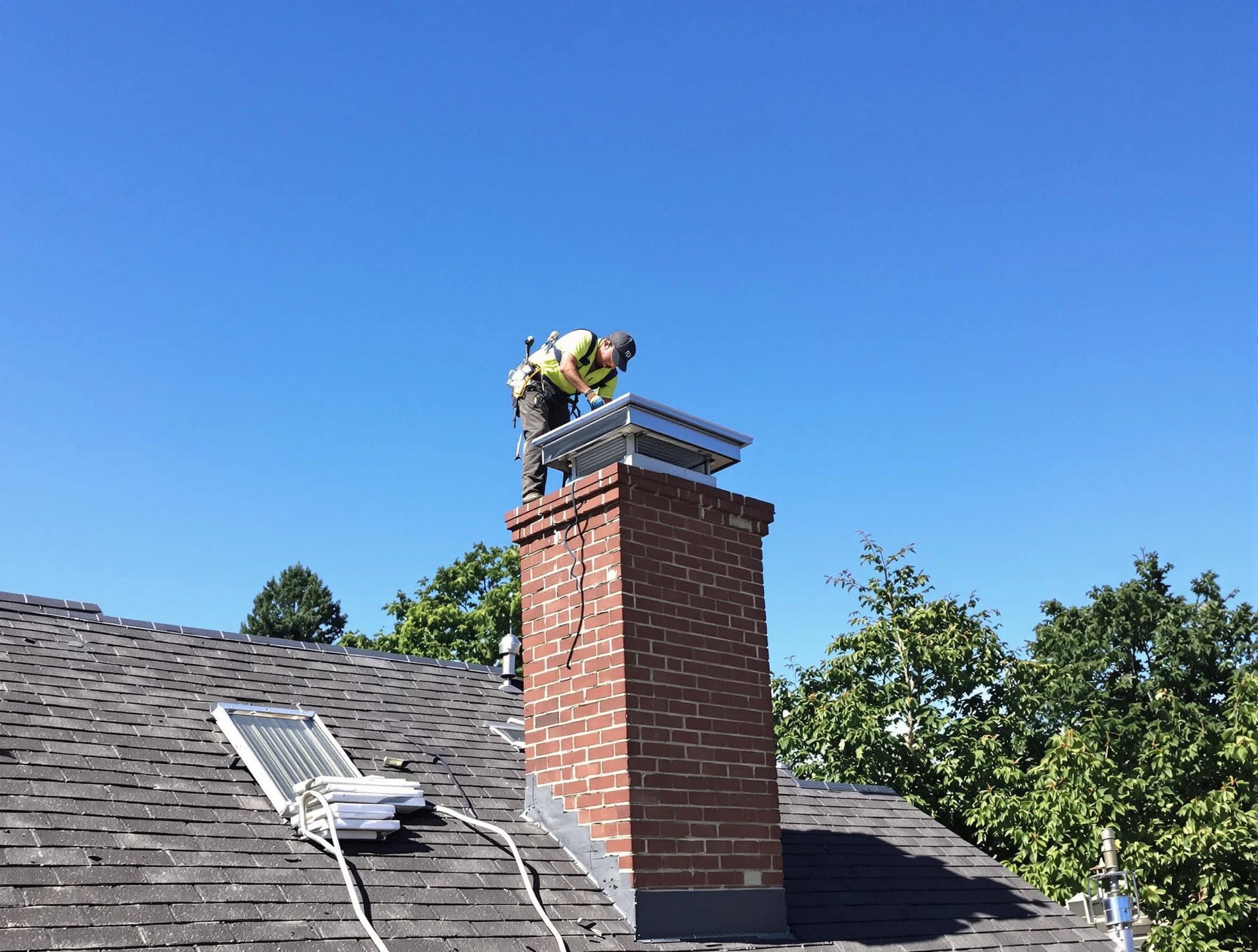 Galloway Chimney Sweep technician measuring a chimney cap in Galloway, NJ